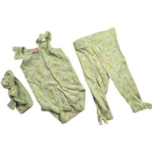 Baby Girl 0-3M Outfit Matching 3pc Set Green Onesie Floral Pants Headband Ribbed